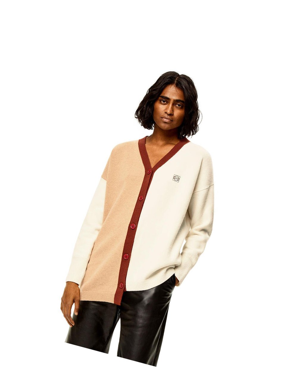 Loewe Anagram asymmetric cardigan in wool Ecru / Camel | HPJGQ-6372