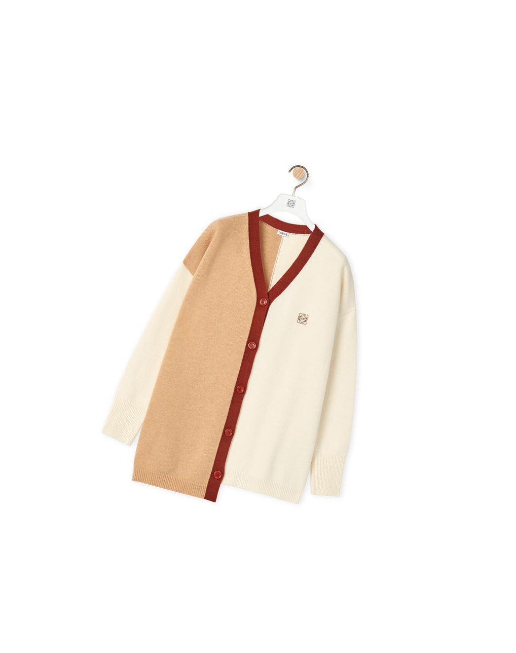 Loewe Anagram asymmetric cardigan in wool Ecru / Camel | HPJGQ-6372