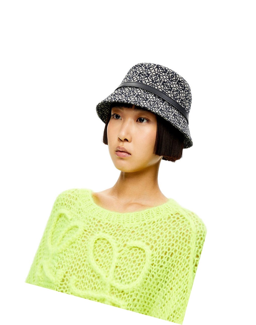 Loewe Anagram bucket hat in jacquard and calfskin Azul Marino Negros | GPDHM-3045