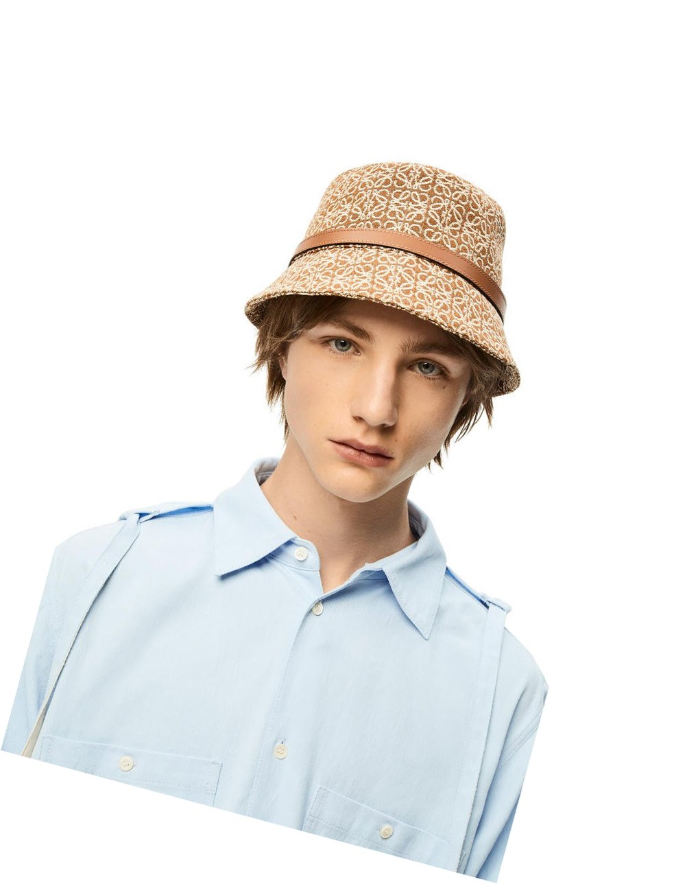 Loewe Anagram bucket hat in jacquard and calfskin Tan / Pecan | OBKVT-6890