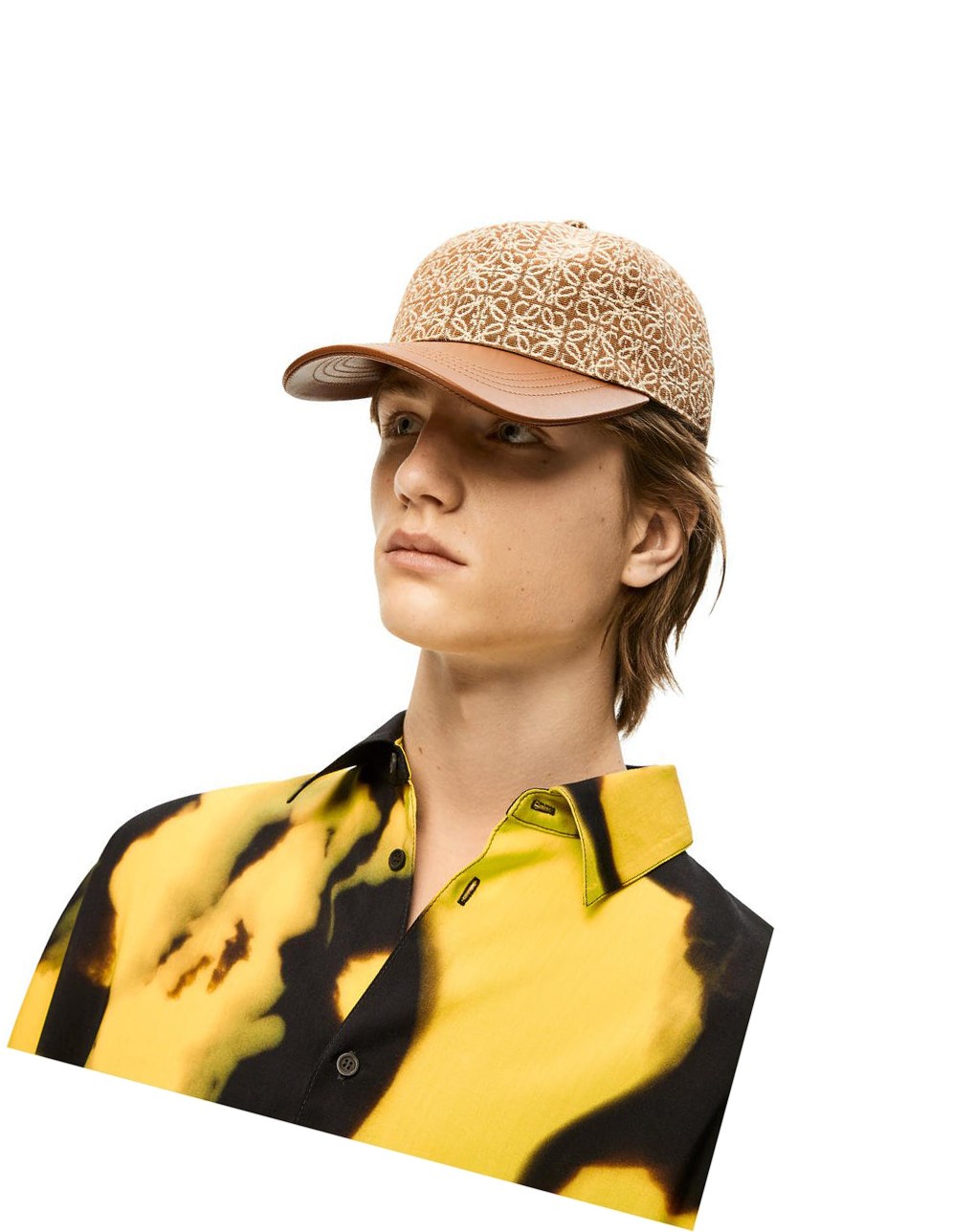 Loewe Anagram cap in jacquard and calfskin Tan / Pecan | LDMOT-3675