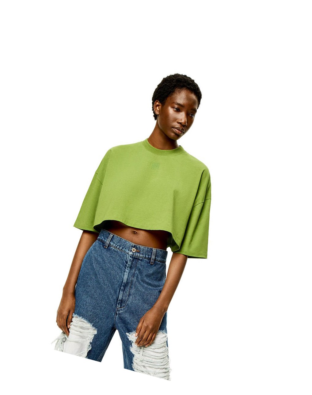 Loewe Anagram cropped T-shirt in cotton Verdes | LUMFH-7508