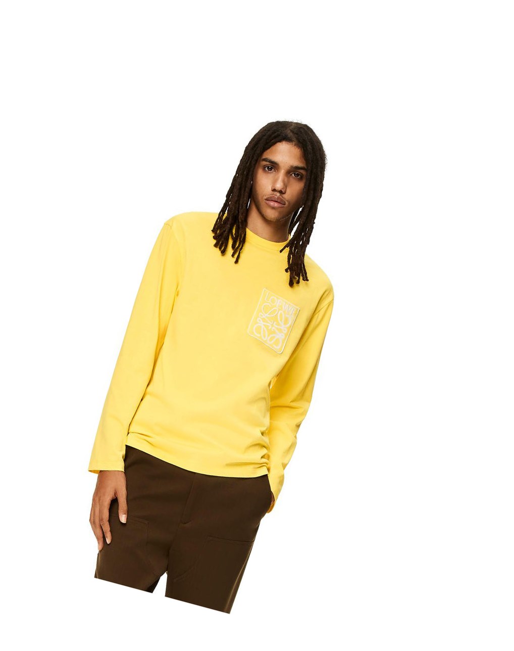 Loewe Anagram fake pocket long sleeve T-shirt in cotton Amarillos | JZDBV-8471