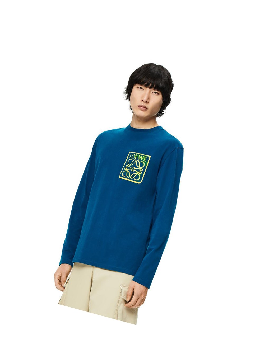 Loewe Anagram fake pocket long sleeve T-shirt in cotton Petroleum | VEUMP-5283