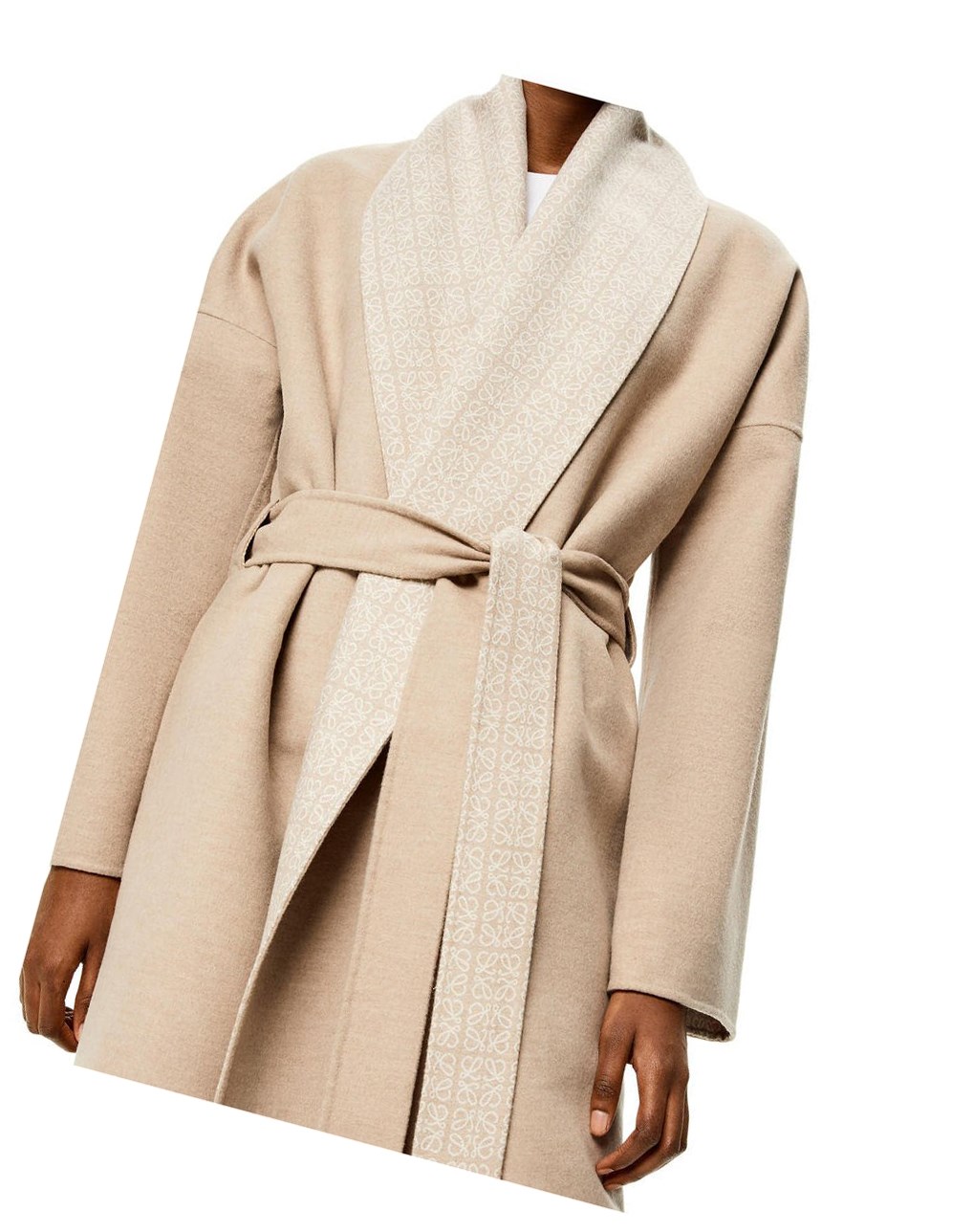 Loewe Anagram jacquard belted coat in wool Beige Blancos | SIOHQ-3479