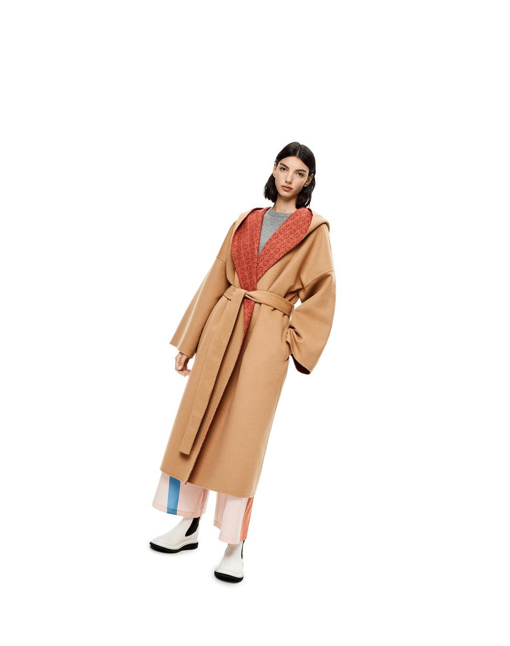 Loewe Anagram jacquard hooded coat in wool Warm Desert / Rust | ZMJCQ-9781