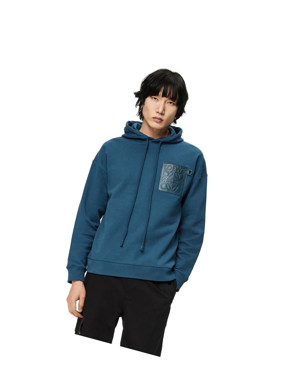 Loewe Anagram leather patch hoodie in cotton Petroleum | CRHUB-6712