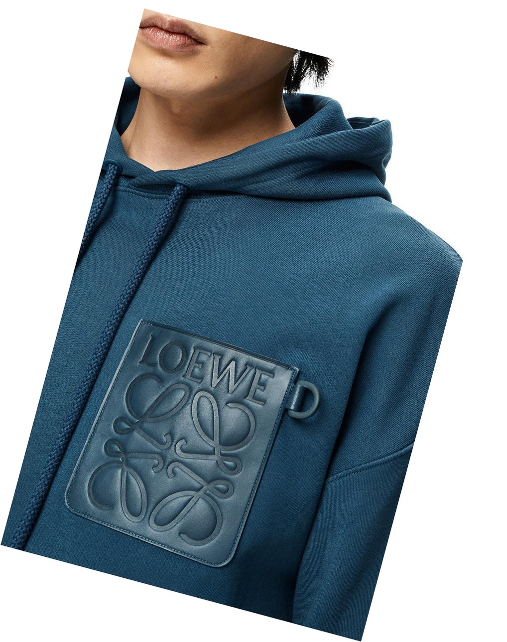 Loewe Anagram leather patch hoodie in cotton Petroleum | CRHUB-6712