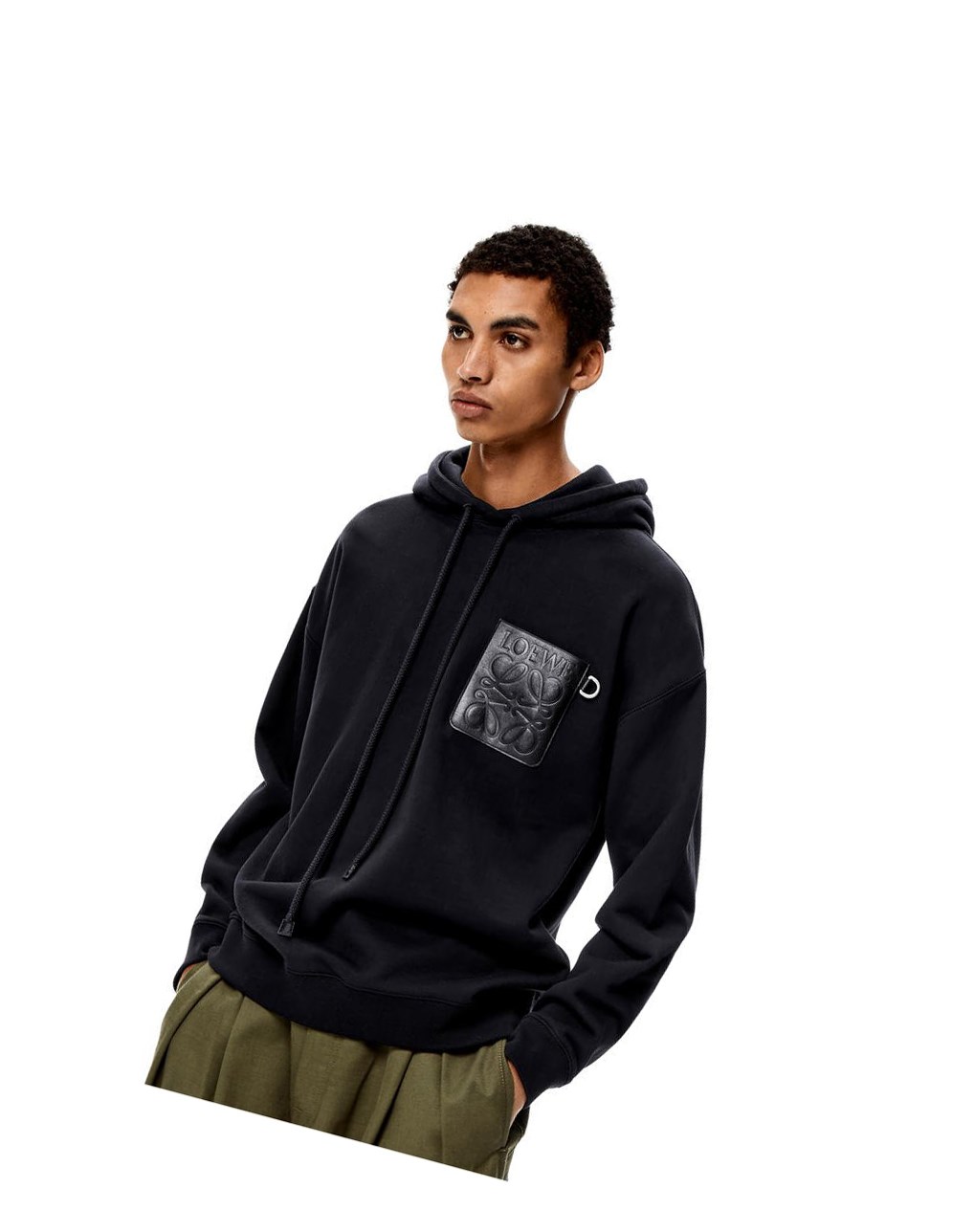Loewe Anagram leather patch hoodie in cotton Azul Marino Oscuro | UNYDE-4381