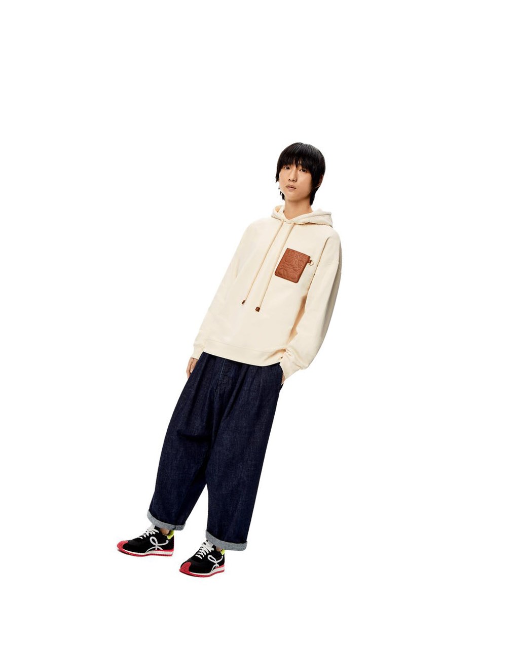 Loewe Anagram leather patch hoodie in cotton Blancos | ZMCGA-5708