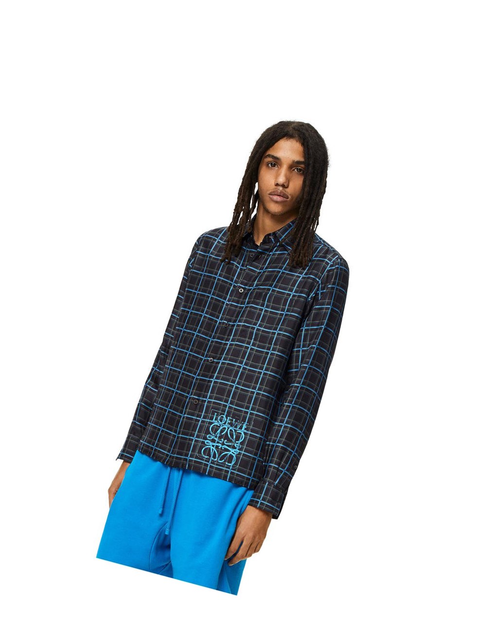 Loewe Anagram stamp check shirt in silk and cotton Grises Oscuro Azules | FSOWT-6052