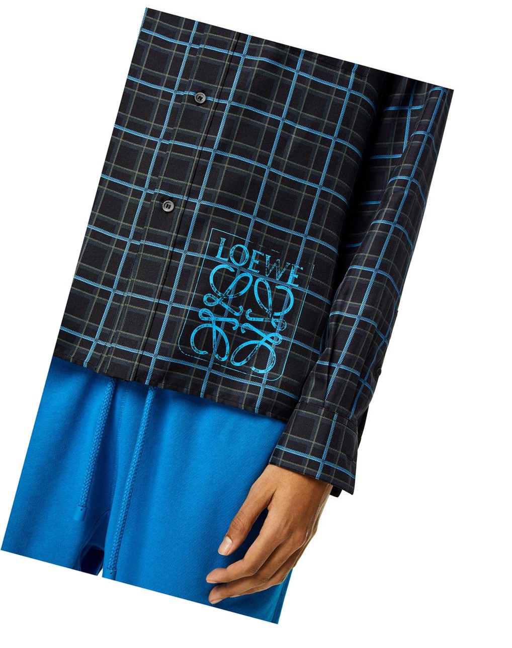 Loewe Anagram stamp check shirt in silk and cotton Grises Oscuro Azules | FSOWT-6052