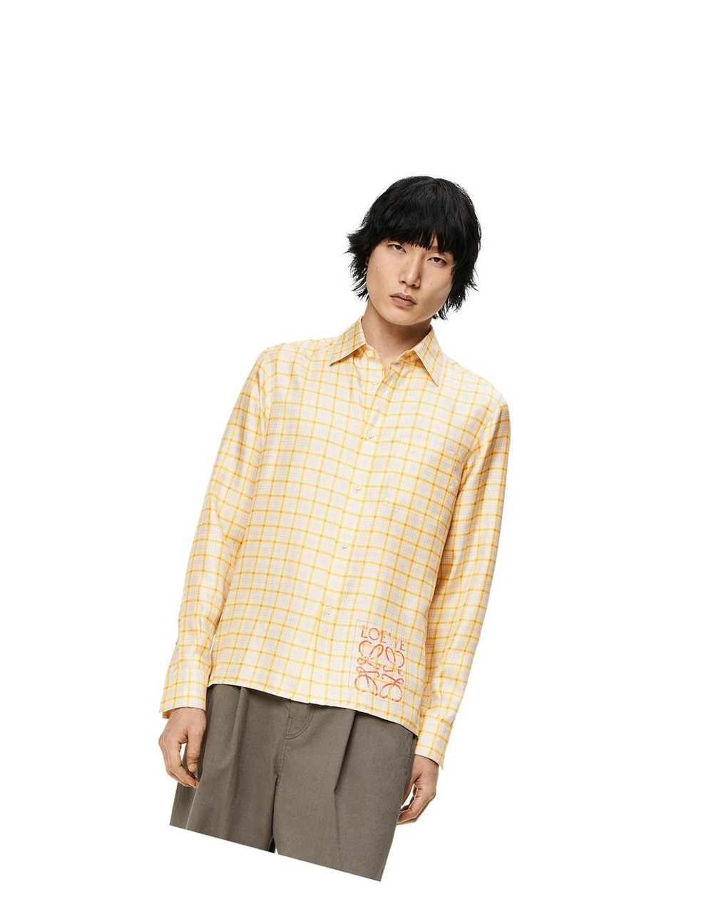 Loewe Anagram stamp check shirt in silk and cotton Amarillos | QCDSL-8420