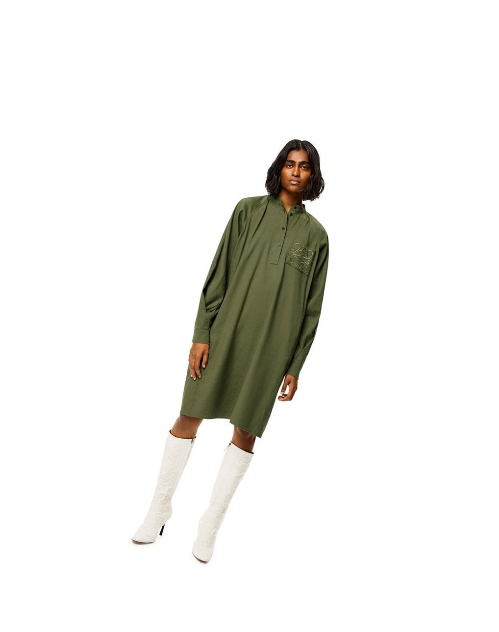 Loewe Anagram tunic dress in linen and cotton Lichen | RMPHZ-8145