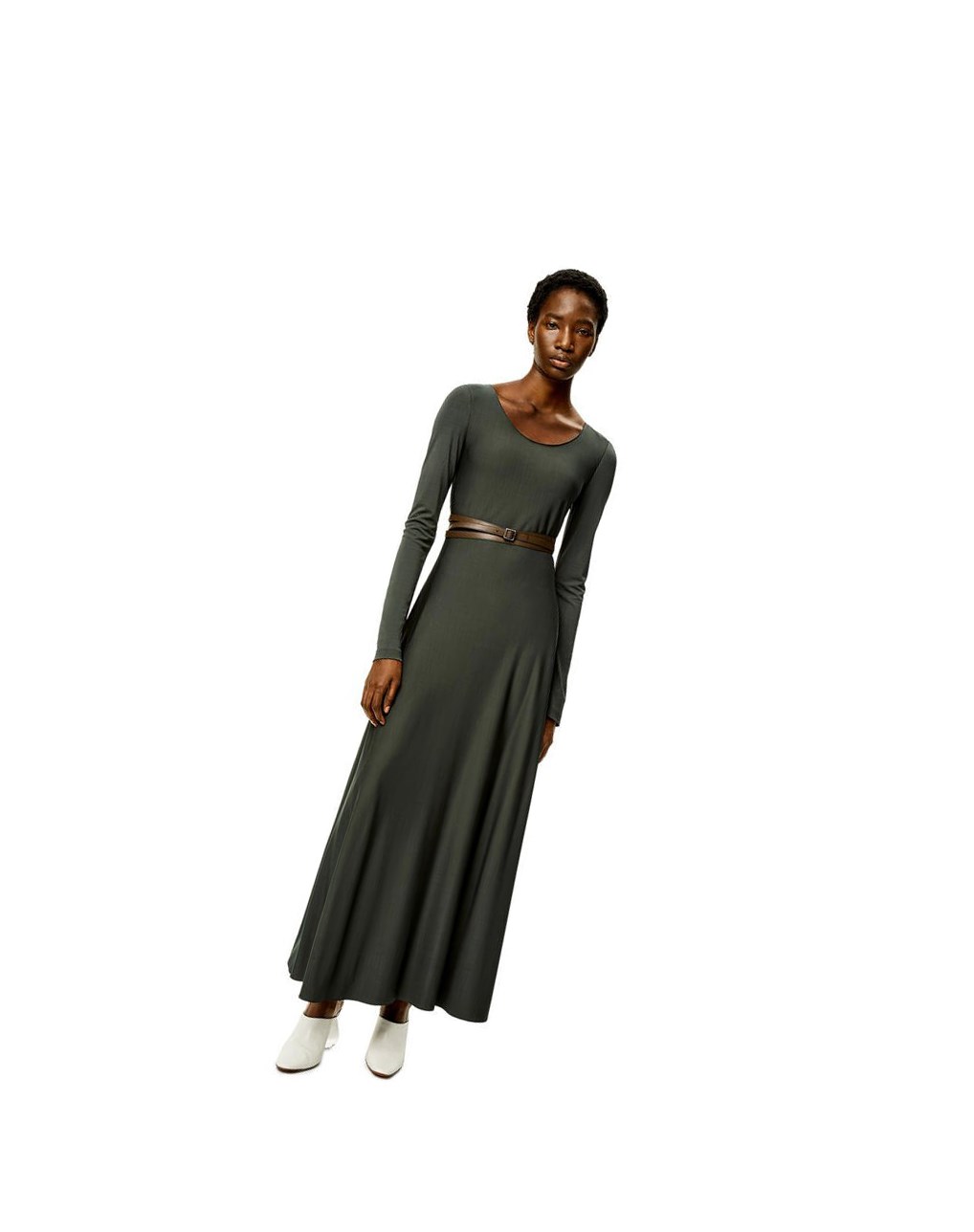 Loewe Belted midi dress in viscose Kaki | OUMCR-3485