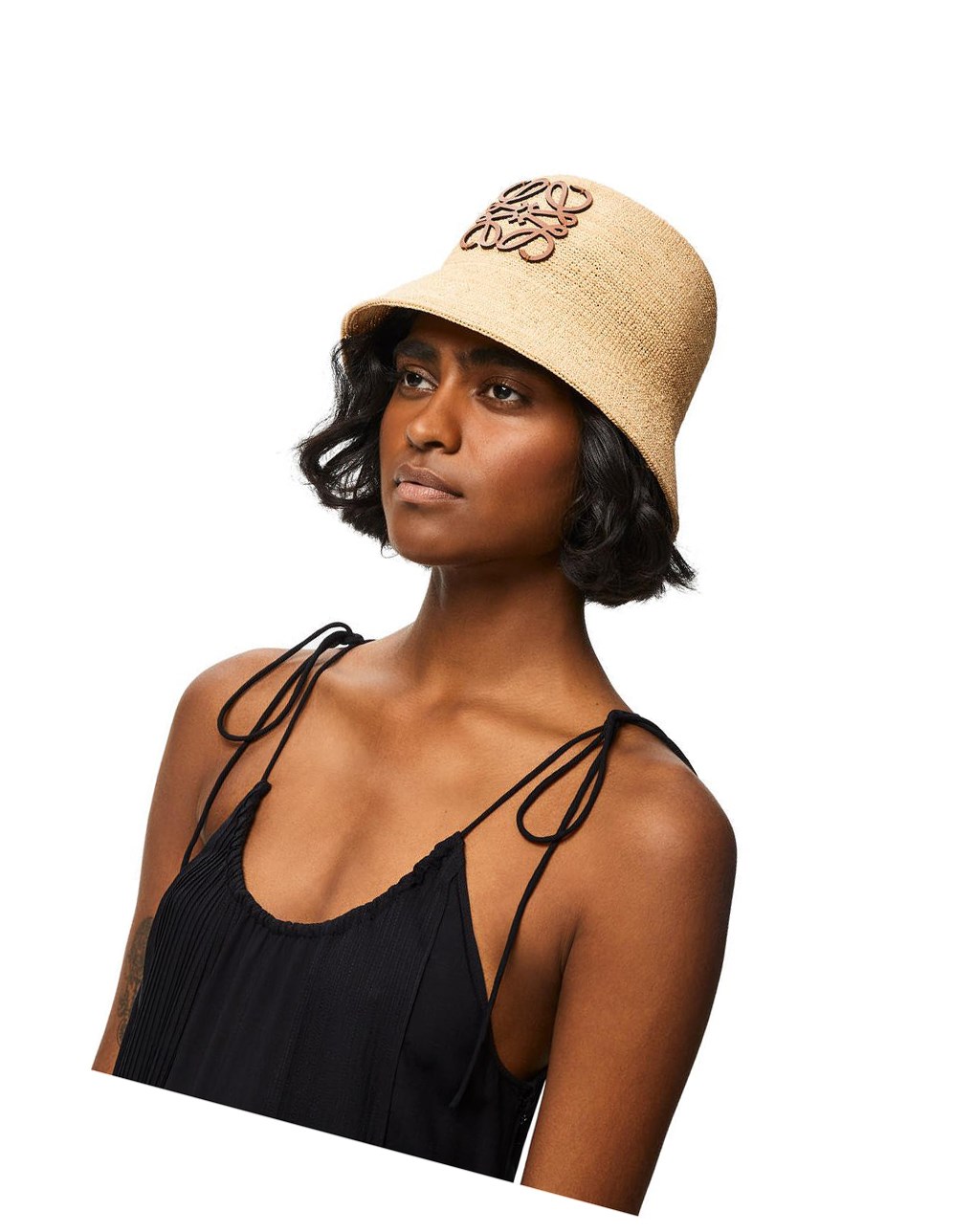 Loewe Bucket hat in raffia and calfskin Natural | SOLHM-6097