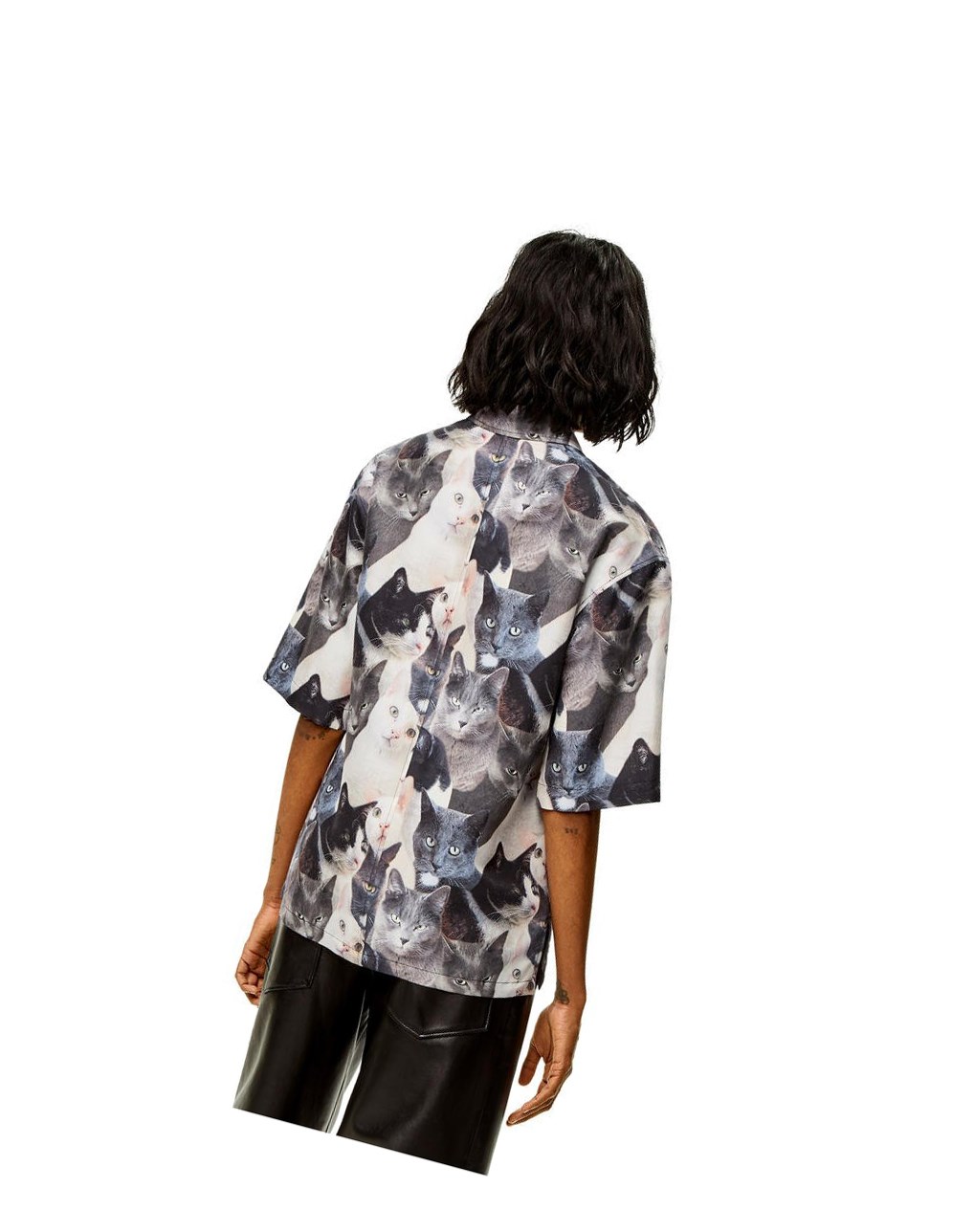Loewe Cats print shirt in silk Grises Negros | SPXCV-0362