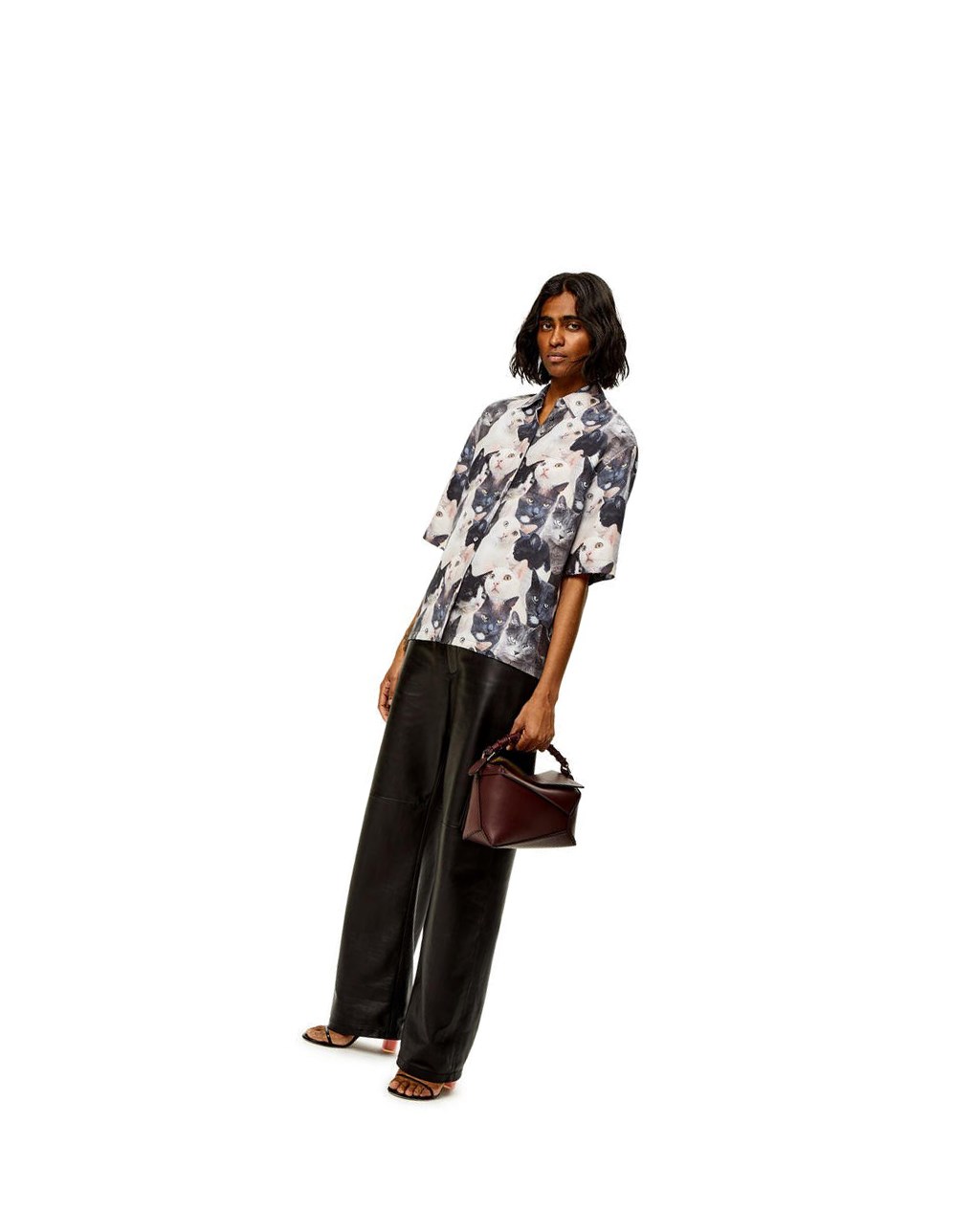 Loewe Cats print shirt in silk Grises Negros | SPXCV-0362
