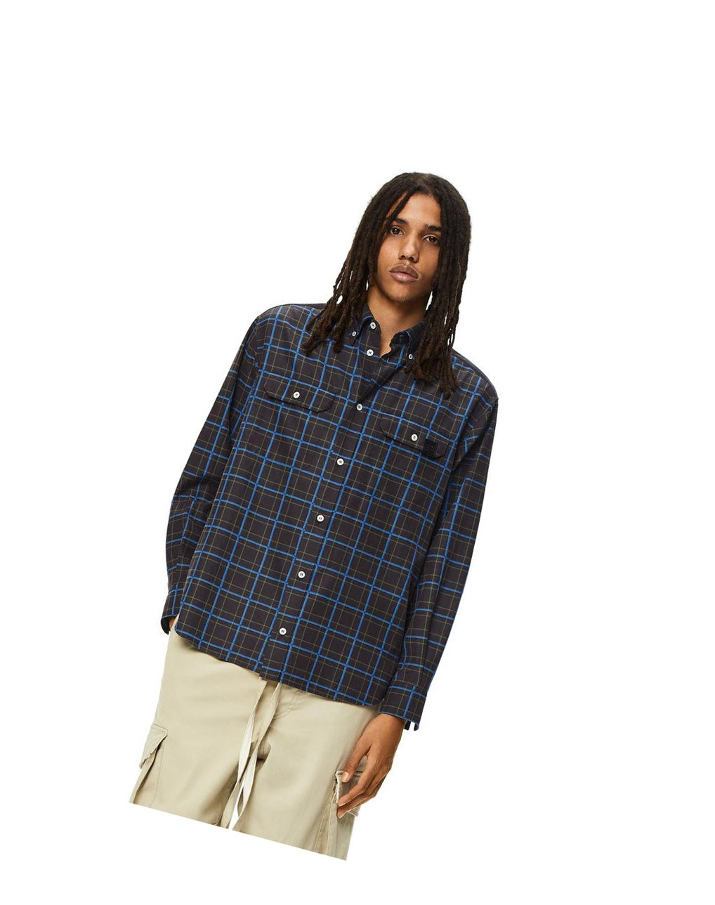 Loewe Chest pocket check shirt in silk and cotton Grises Oscuro Azules | TKZDF-1048