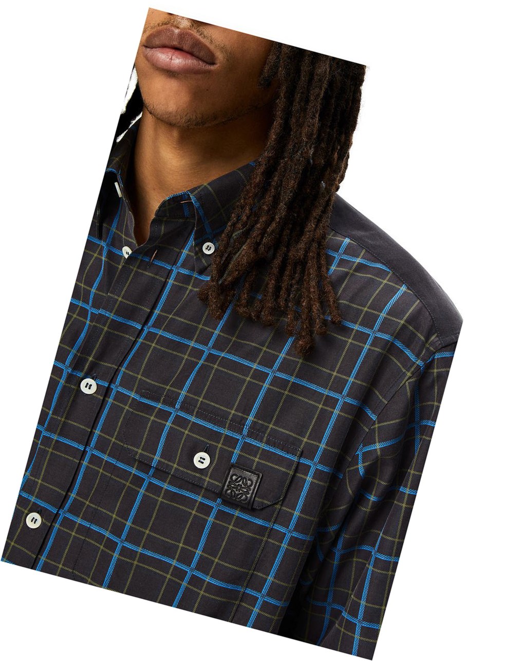 Loewe Chest pocket check shirt in silk and cotton Grises Oscuro Azules | TKZDF-1048