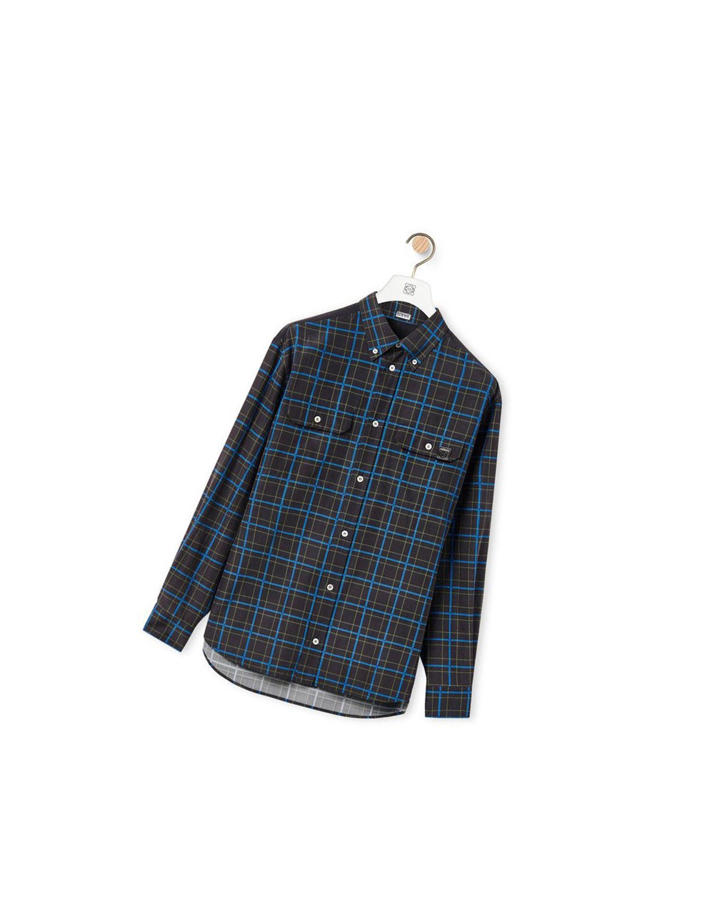 Loewe Chest pocket check shirt in silk and cotton Grises Oscuro Azules | TKZDF-1048