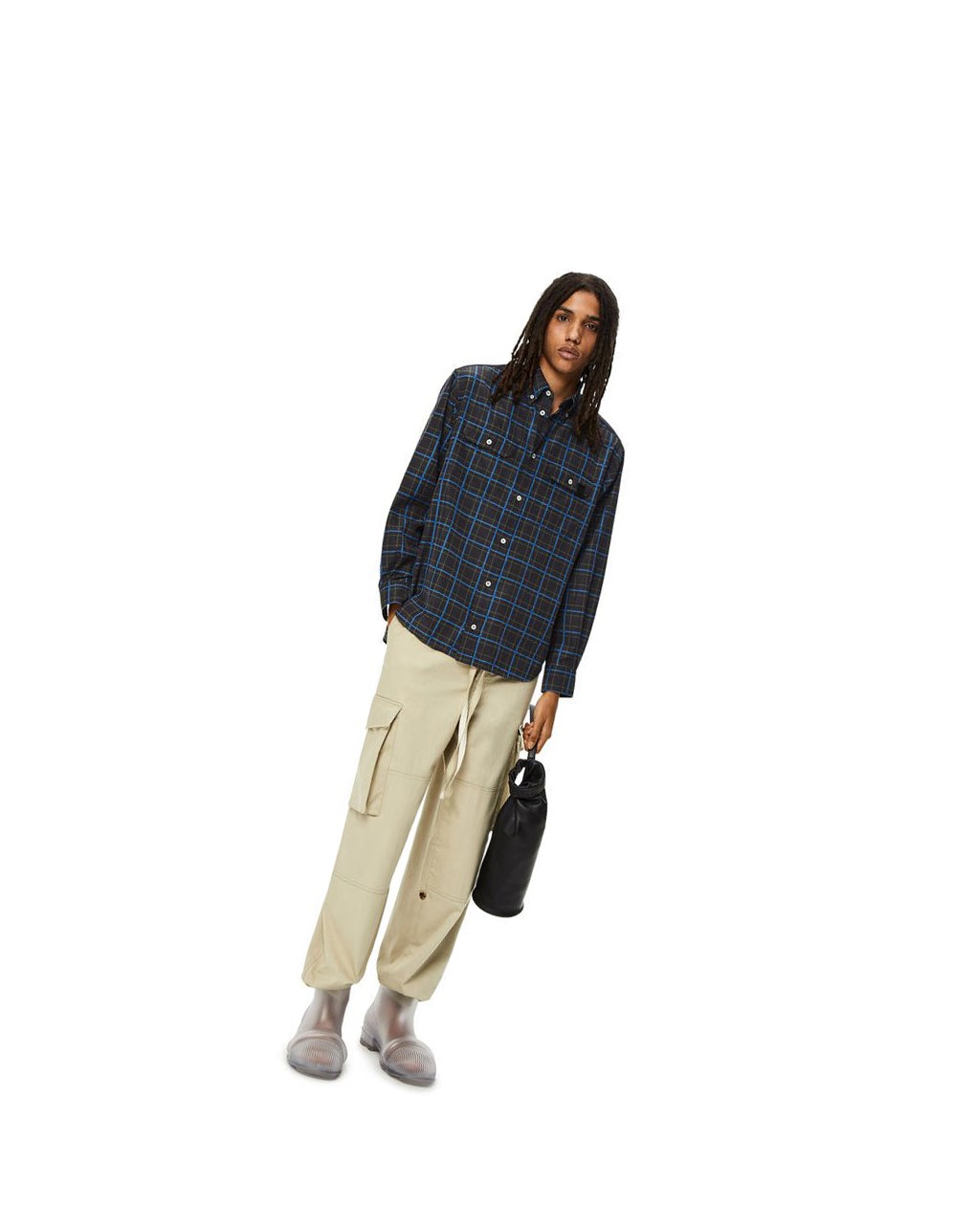 Loewe Chest pocket check shirt in silk and cotton Grises Oscuro Azules | TKZDF-1048