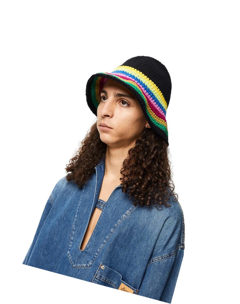 Loewe Crochet hat in cotton and calfskin Multicolor Negros | FQVXG-2859