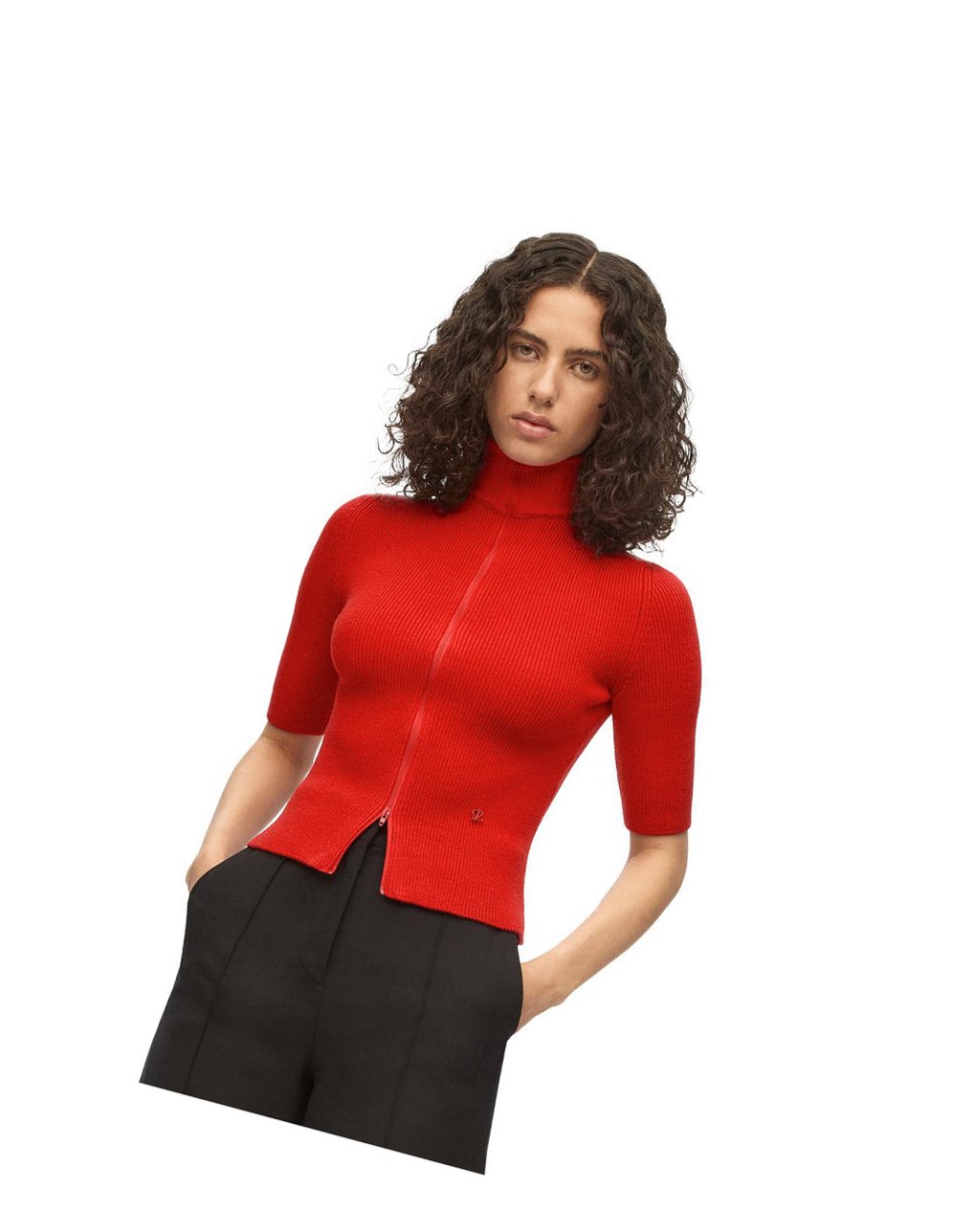 Loewe Cropped zip up sweater in wool Vermillion | BKHRV-6219