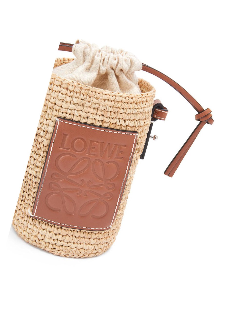 Loewe Cylinder Pocket in raffia and calfskin Natural / Tan | QCREG-2564