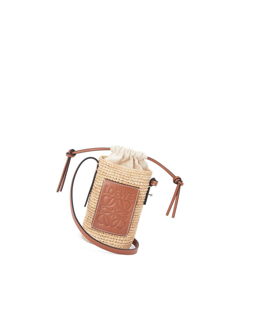 Loewe Cylinder Pocket in raffia and calfskin Natural / Tan | QCREG-2564