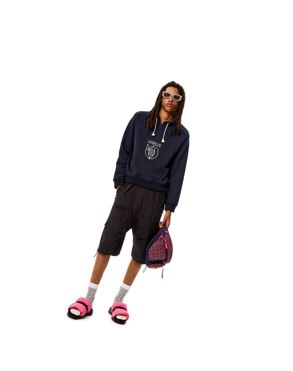 Loewe Embroidered zipped pullover in cotton Azules | TNMSZ-7031