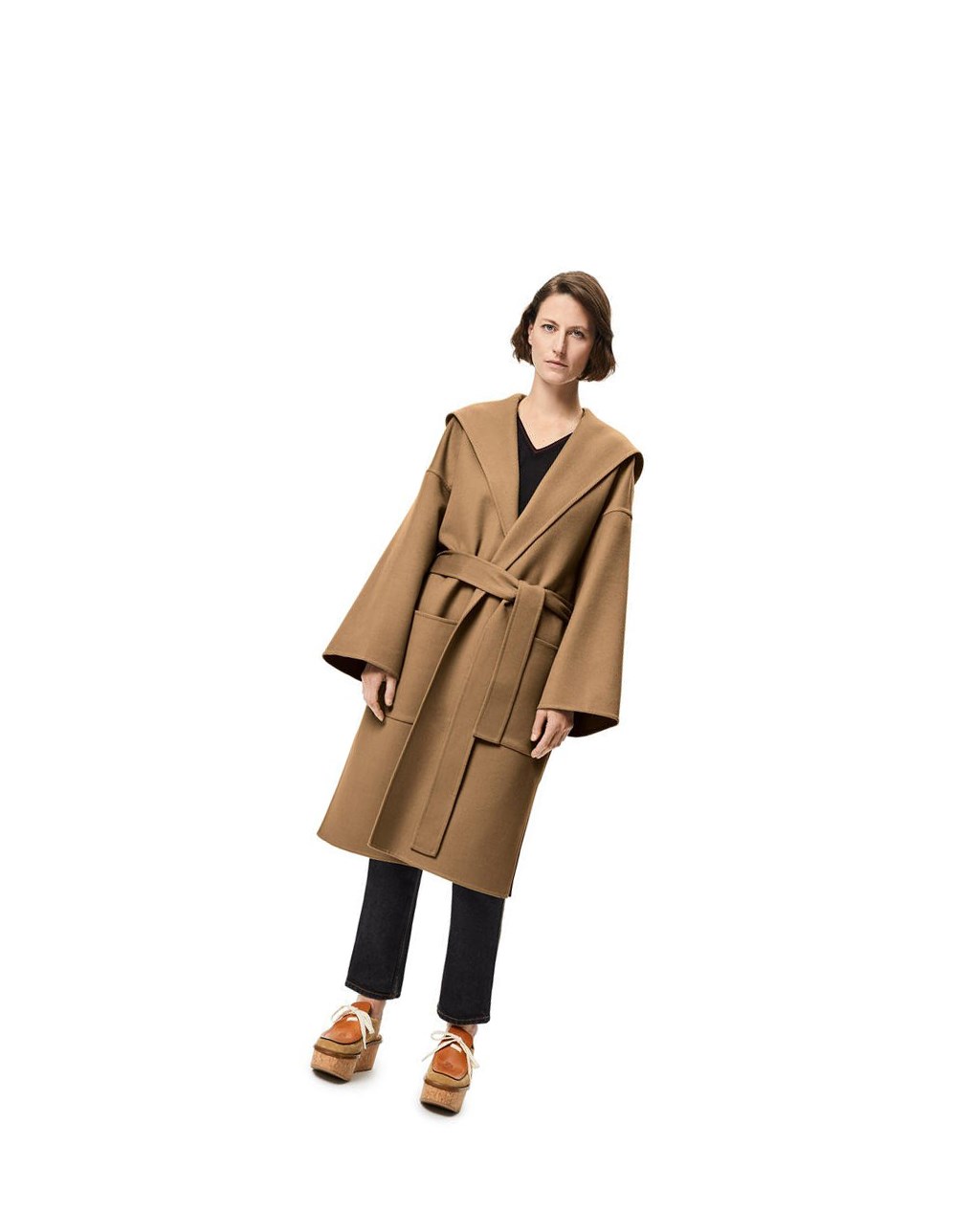 Loewe Encapuchado belted coat in wool and cashmere Camel | EHCSD-7640