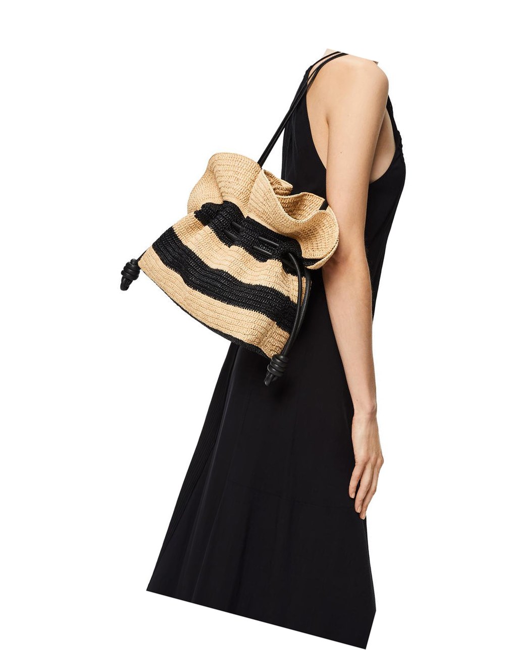 Loewe Flamenco Clutch in striped raffia and calfskin Negros | YEHAJ-4052