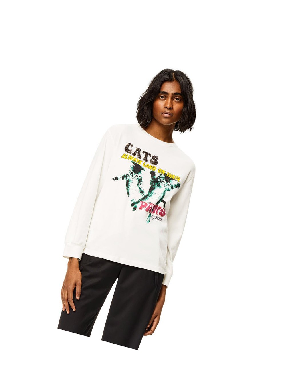Loewe Long sleeve Cats print T-shirt in cotton Blancos | QEUVJ-9380