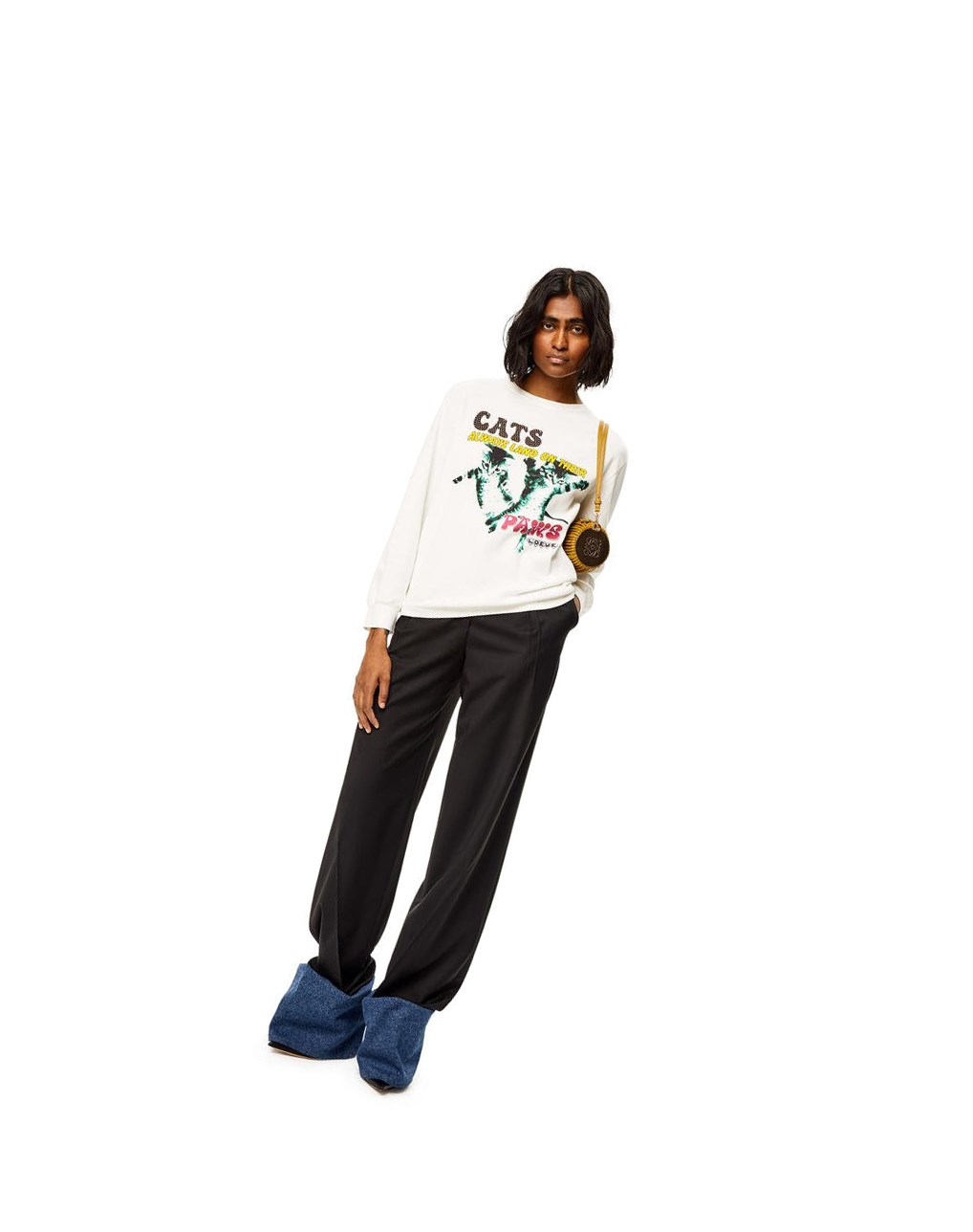 Loewe Long sleeve Cats print T-shirt in cotton Blancos | QEUVJ-9380