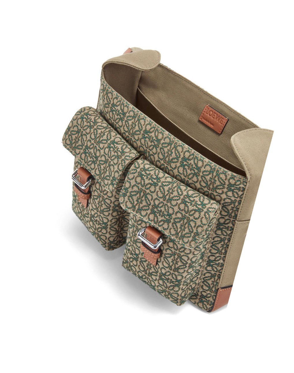 Loewe Military Satchel in Anagram jacquard and calfskin Kaki Verdes | TCQFM-1409