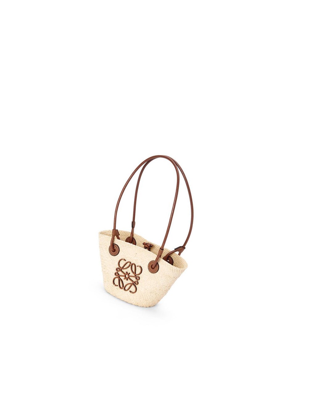 Loewe Mini Anagram Basket bag in iraca palm and calfskin Natural / Tan | FGNUZ-1298