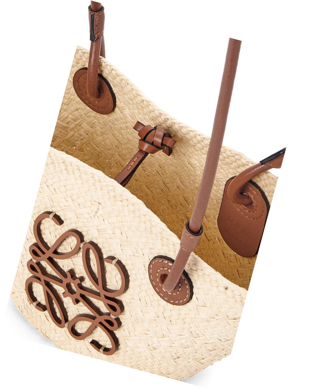 Loewe Mini Anagram Basket bag in iraca palm and calfskin Natural / Tan | FGNUZ-1298