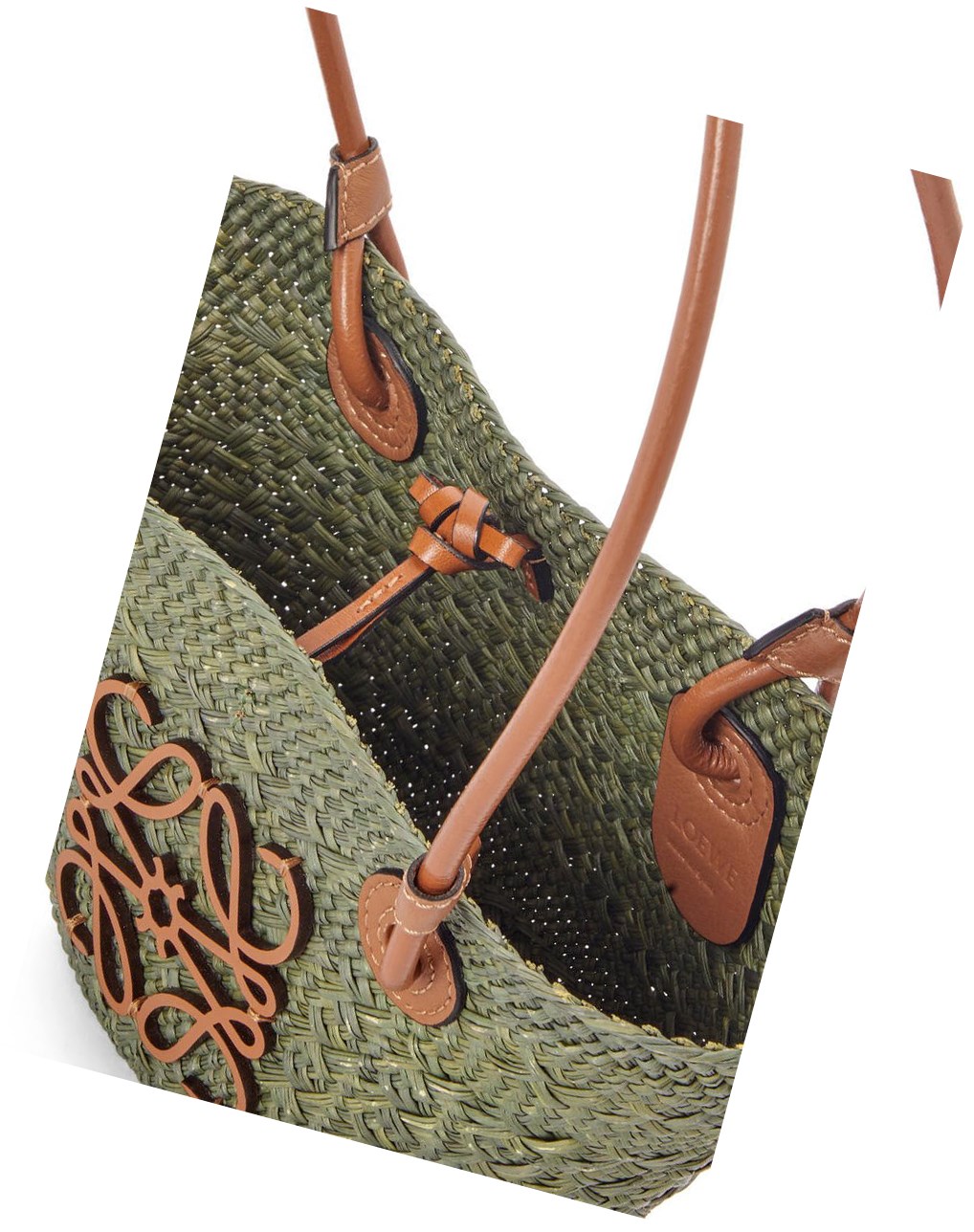 Loewe Mini Anagram Basket bag in iraca palm and calfskin Kaki Verdes | NESTJ-5706