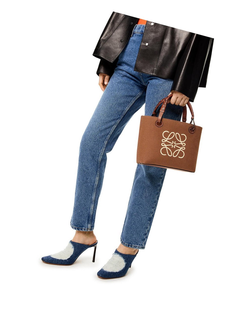 Loewe Mini Anagram Tote bag in jacquard and calfskin Tan / Pecan | AORJE-0754