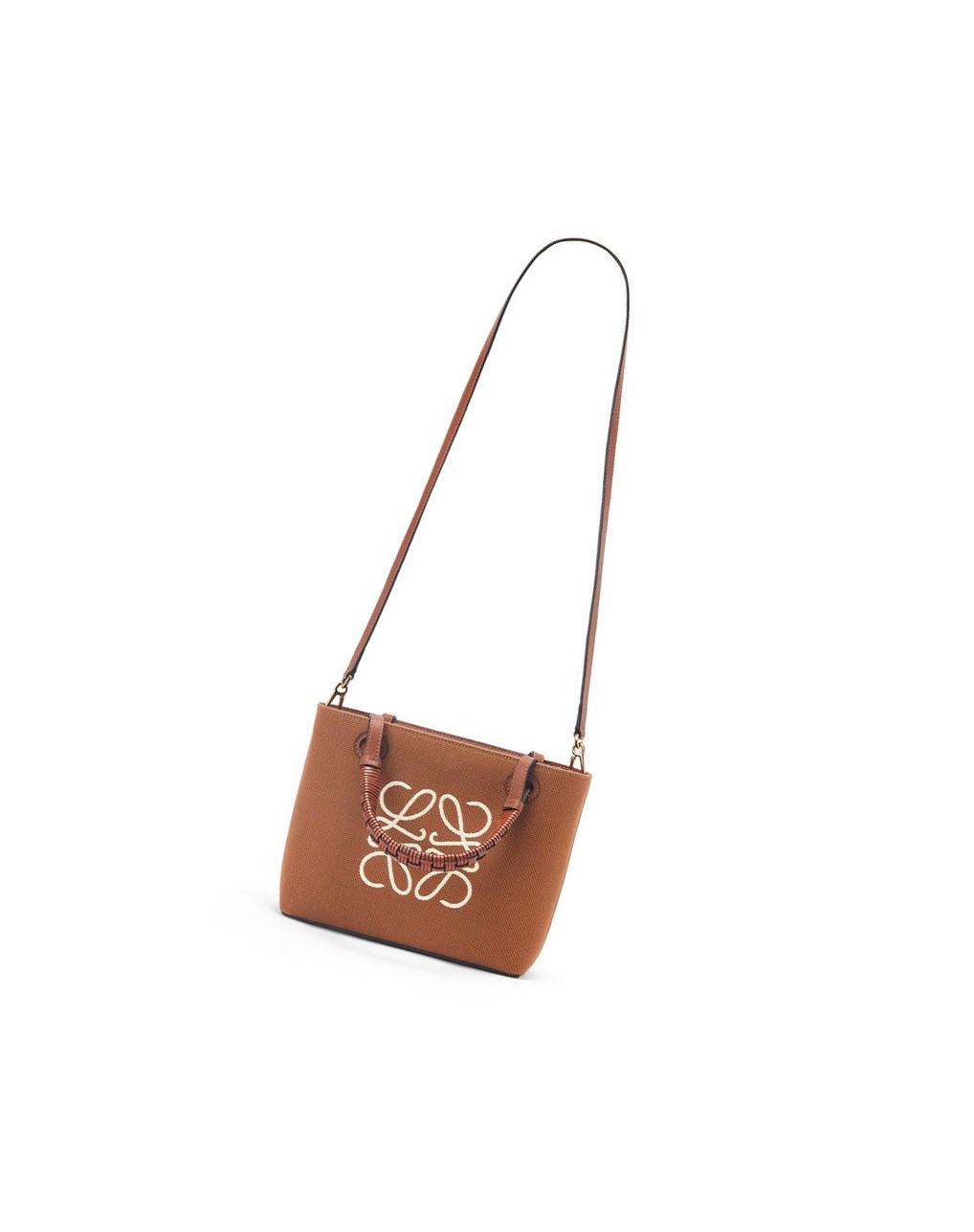 Loewe Mini Anagram Tote bag in jacquard and calfskin Tan / Pecan | AORJE-0754