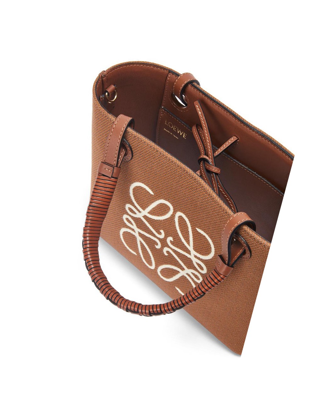 Loewe Mini Anagram Tote bag in jacquard and calfskin Tan / Pecan | AORJE-0754