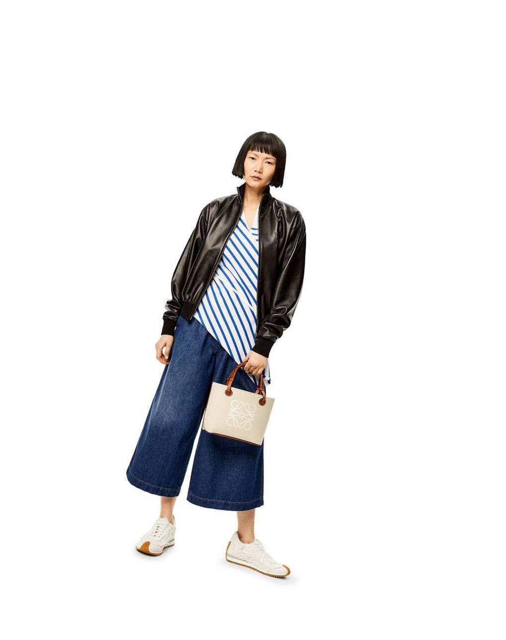 Loewe Mini Anagram Tote bag in jacquard and calfskin Ecru / Tan | DYELC-8064