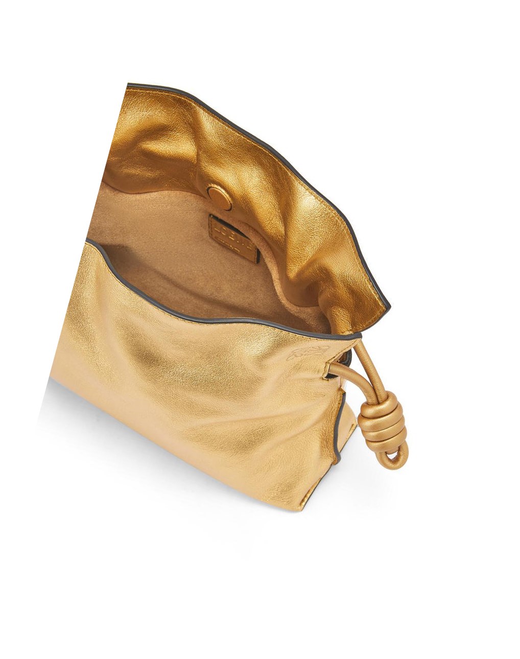 Loewe Mini Flamenco clutch in laminated nappa calfskin with chain Dorados | OCBIU-0347