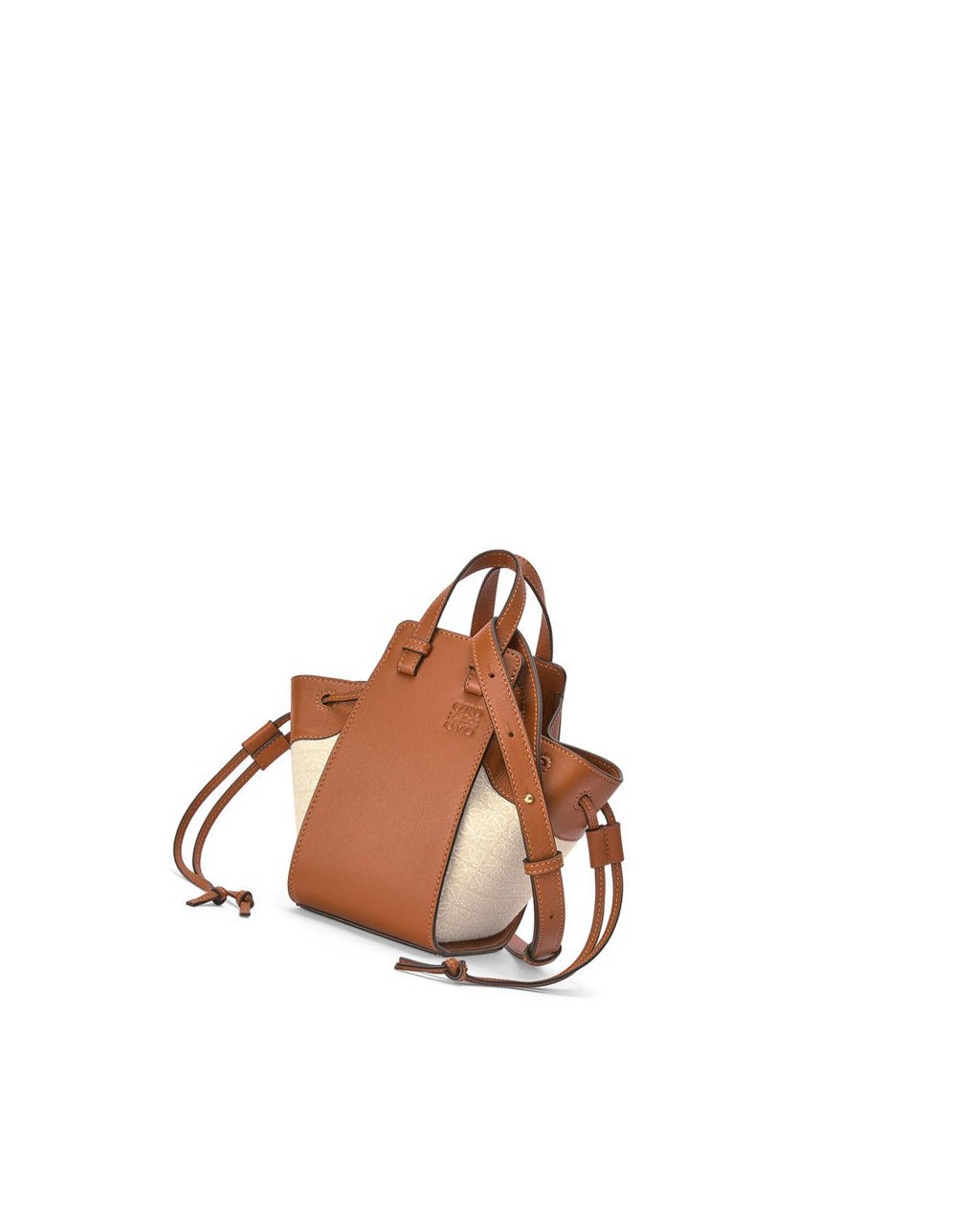 Loewe Mini Hammock drawstring bag in Anagram jacquard and calfskin Ecru / Tan | KUHNL-0436