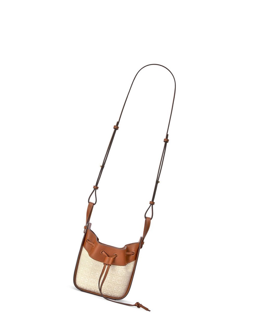 Loewe Mini Hammock drawstring bag in Anagram jacquard and calfskin Ecru / Tan | KUHNL-0436