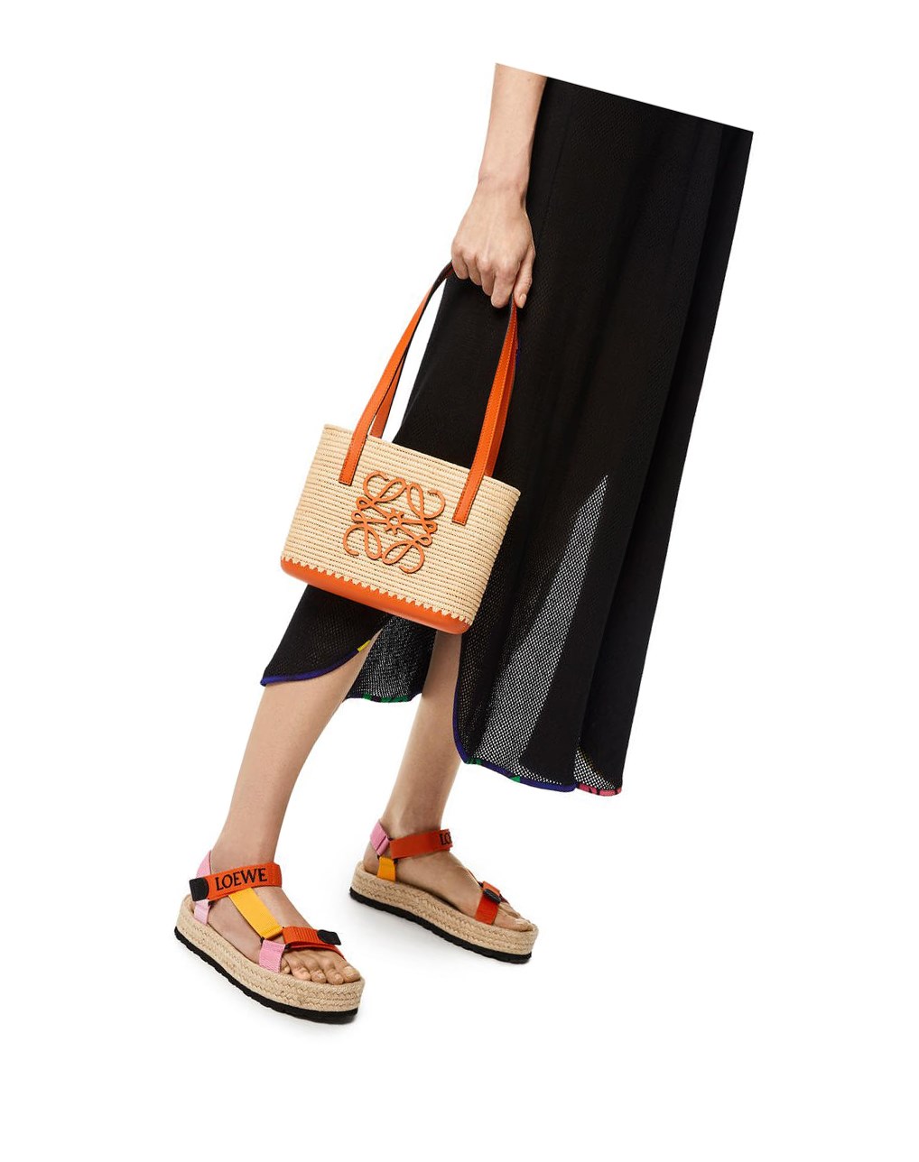 Loewe Mini Square Basket bag in raffia and calfskin Naranjas | RSMNG-9815