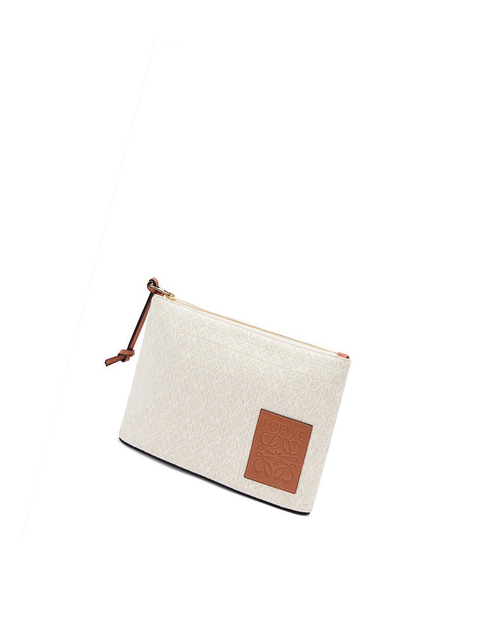 Loewe Oblong pouch in Anagram jacquard and calfskin Ecru / Tan | OKUZS-7251