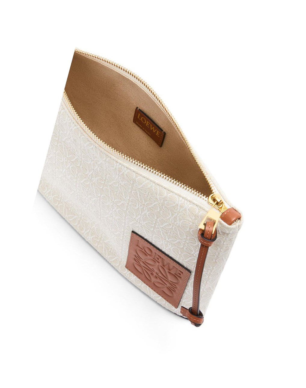 Loewe Oblong pouch in Anagram jacquard and calfskin Ecru / Tan | OKUZS-7251