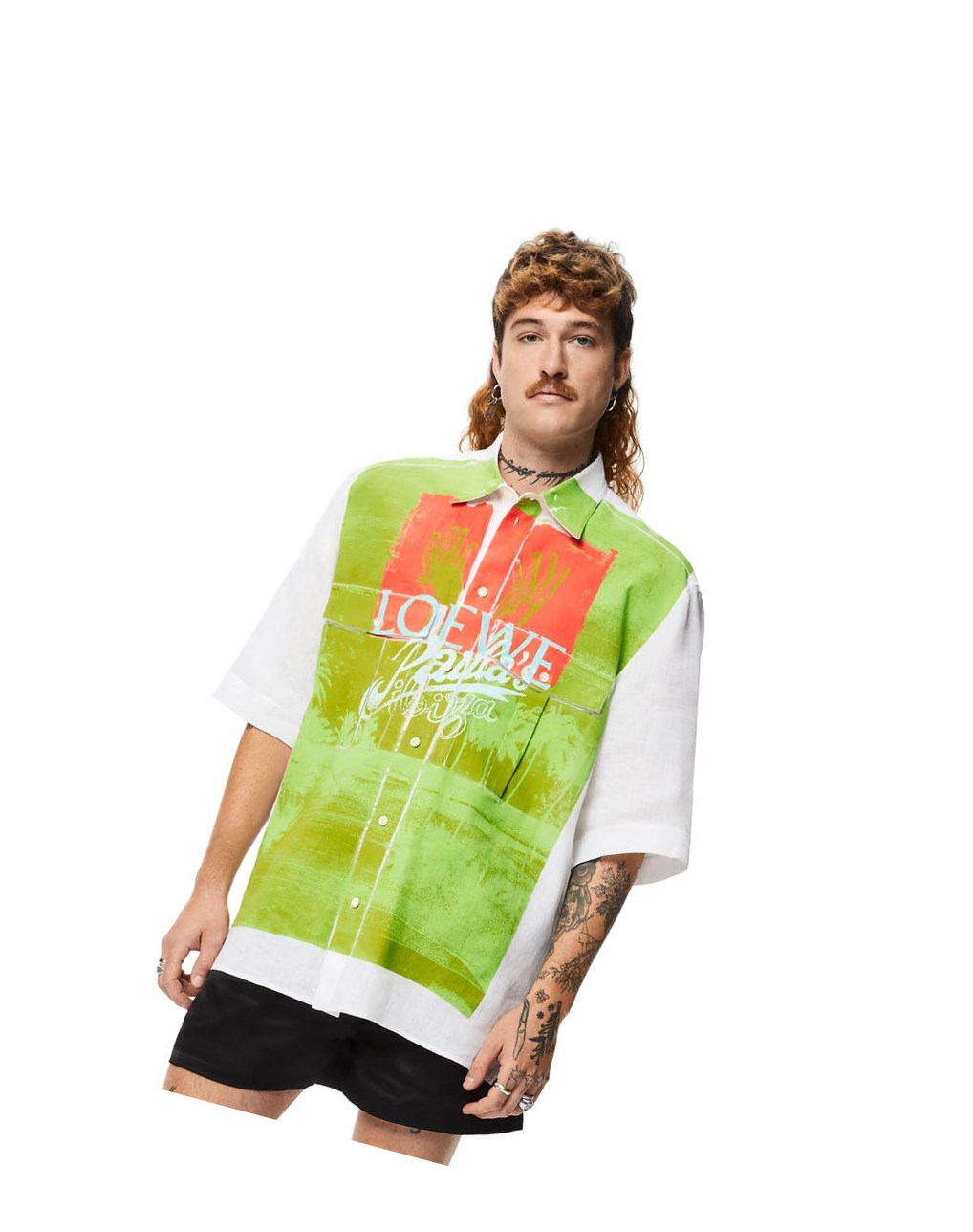 Loewe Palm print short sleeve shirt in linen Blancos Multicolor | QVOBU-6873